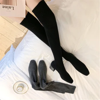 2022 Дамски Ластични Високи Ботуши с дълги Обтягивающими чорапи, Блестящи квадратни ботуши на нисък ток 4 cm, фетиш-ботфорты над коляното, Зимни Сиви обувки за стриптийз