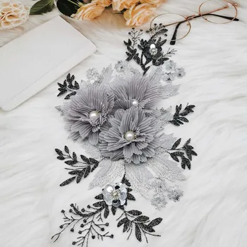Сиво цвете бродерия завързана яка перлени мъниста 3D апликация на цвете за декорация корсаж кръпка облекло шевни принадлежности занаят