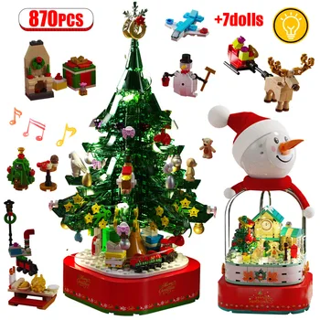 Градски LED Светлинен Въртяща се Музикална Кутия Снежен човек Коледно Дърво Строителни Блокове Приятели Дърво Къща Фигурки Тухли Играчки За Деца Подаръци