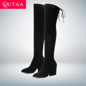 QUTAA/2021 г., дамски обувки, ботуши над коляното, есенно-зимни обувки с остри пръсти, дамски ботуши от Флока на висок ток, размер 34-43