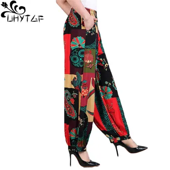 UHYTGF Елегантни весеннелетние панталони за мама 2020, модни памучни коприна ежедневни дамски панталони с принтом, етнически стил, панталони големи размери 870