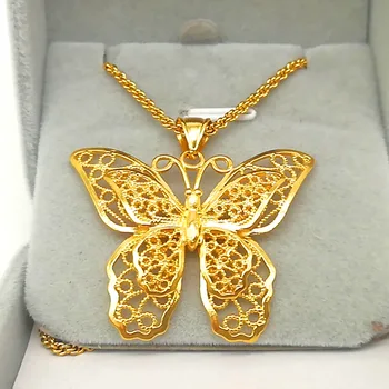 В момента 24 До Златист Цвят Златен Медальон с Пеперуда за Мъже Брат Дамско Колие Oro Puro De 24 До Огърлица Верига Сватбена Годеж