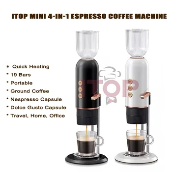 Кафемашина ITOP Mini 4-В-1 за приготвяне на еспресо с бързото изгаряне, 19 блокчета за мляно кафе, капсули Nespresso, Капсули Dolce Gusto, Чай