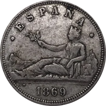 Испания 1869 2 Песеты Временно Правителство Мельхиор Посеребренный Метал Мед Стар Спомен Подарък Колекционерски Монети