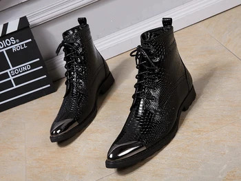 Западните каубойски класически пънк черни военни обувки от естествена кожа, с метална бомбе, dr. военни обувки с високи берцем, мъжки обувки