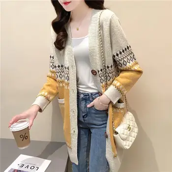 Есенно-зимни дрехи 2022 година, Новият Корейски Свободен Вязаный Жилетка със средна дължина, с V-образно деколте, женски Универсален Пуловер в западен стил