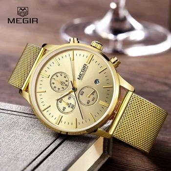 MEGIR модерен мъжки бизнес кварцови часовници, ежедневни ръчни часовници с мрежесто каишка от неръждаема стомана, мъжки светещи часовници за мъже 2011G