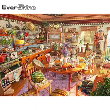 EverShine 5D Диамантена Мозайка, Кухня Пълна Тренировка Пейзаж Диамантена Боядисване на Къща Бродерия на кръстат бод Украса на Стаята Изкуство