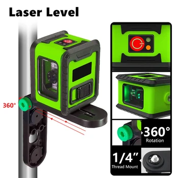 2 линия Лазерен ниво Самовыравнивающийся (4 градуса) машина за висока точност инструмент за изравняване на хоризонтални и вертикални напречни линии Green Beam Laser 360