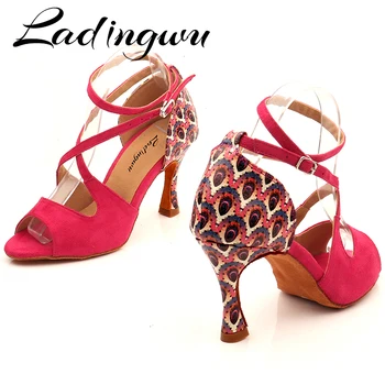 Ladingwu/Танцови обувки; Дамски обувки от изкуствен велур с шарките на павлина; обувки за танци балната зала; удобни танцови Сандали за латино самба