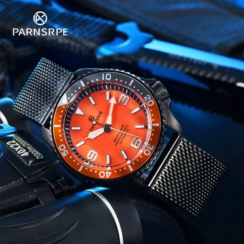 Мъжки часовник серия PARNSRPE SK007 NH35Movement със Супер ярък Светящимся Циферблат, една трета от Сиво Оранжево Безеля, Автоматични механични часовници