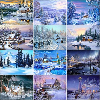 Направи си САМ 5D Диамантена Боядисване на Къща Диамантена Бродерия Зимата Снежна Пейзаж Пълна Квадратна/Кръгла Мозайка Пейзаж От Смола Комплекти На Кръстат Бод