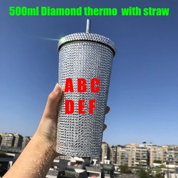 бутилка за вода от неръждаема стомана Diamond thermo bling кристал с обем от 500 мл със слама