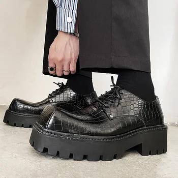 Мъжки обувки-дерби с квадратни пръсти и Шарките на Крокодилска кожа, големи плоски форми с плоска подметка, уголемени Ежедневни обувки-дерби, мъжки Oxfords повишена трайност