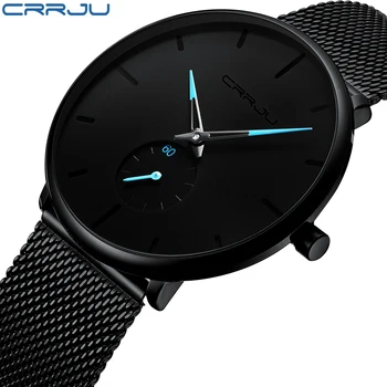 Crrju мъжки часовници Най-добрата марка на Луксозни Кварцови часовници, Ежедневни кварцов часовник с мрежесто каишка от неръждаема стомана-тънки часовници мъжки Relog