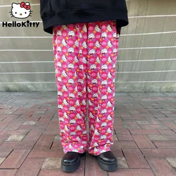 Sanrio Hello Kitty Панталони С Принтом2022, Нови Демисезонные Меки Широки Панталони, Сладки Розови Ежедневни Панталони С Висока Талия Y2k от Плюш За Жени