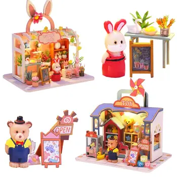Cutebee DIY Wooden Куклена Къща Миниатюрен Комплект Заек Цветарски Магазин Мини на Каса на Магазин за Играчки Куклен Дом за Деца, Подарък За Рожден Ден