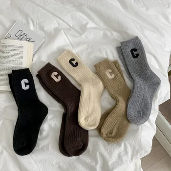 Чорапи с букви, женски есенно-зимни чорапи със средна дължина, дебели топли вълнени чорапи, шарени чорапи с дрямка райе