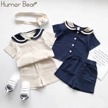 Humor Bear, Японски и Корейски стил, Бебешко Бельо Памучен тениска с матросским яка + Панталони, Комплекти летни Дрехи от 2 теми, костюми за момчета и Момичета