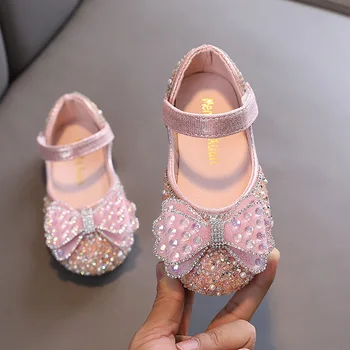 Нови детски обувки на Принцесата с Кристали и папийонка, Пролетни Лъскави Кожени обувки за малки Момичета, детски сватбени обувки на плоска подметка с пайети H504