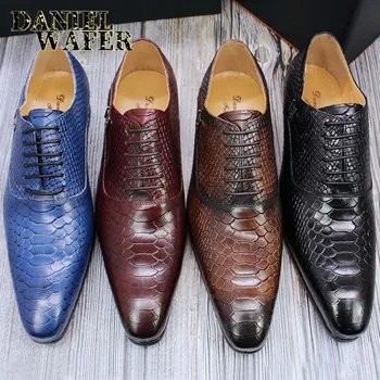 Модерен мъжки модел кожени обувки с Принтом От Змийска Кожа В Класически Стил, Вино-синьо, Кафе, Черно, Дантела, с Остър Бомбе, мъжки Оксфордские Официални Обувки