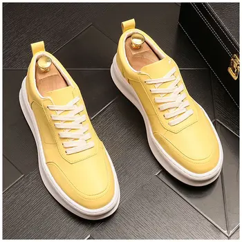 Мъжки модни жълто-бели обувки в британския стил, дишащи обувки на плоска подметка от естествена кожа, дантела, градинска обувки на платформа, zapatos