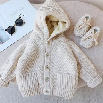 2022 новата есенно-зимни дрехи за момичета, дебели пуловер с качулка плюс мек вълнен плат пуловер, палто с джобове, женски жилетка за малки деца