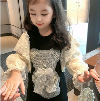 Търговците на дребно 2022 Модно Пролетта Дантелено рокля Catoon с мъниста за момиченца, Хубава Детски Дрехи Принцеса от 2 до 7 години